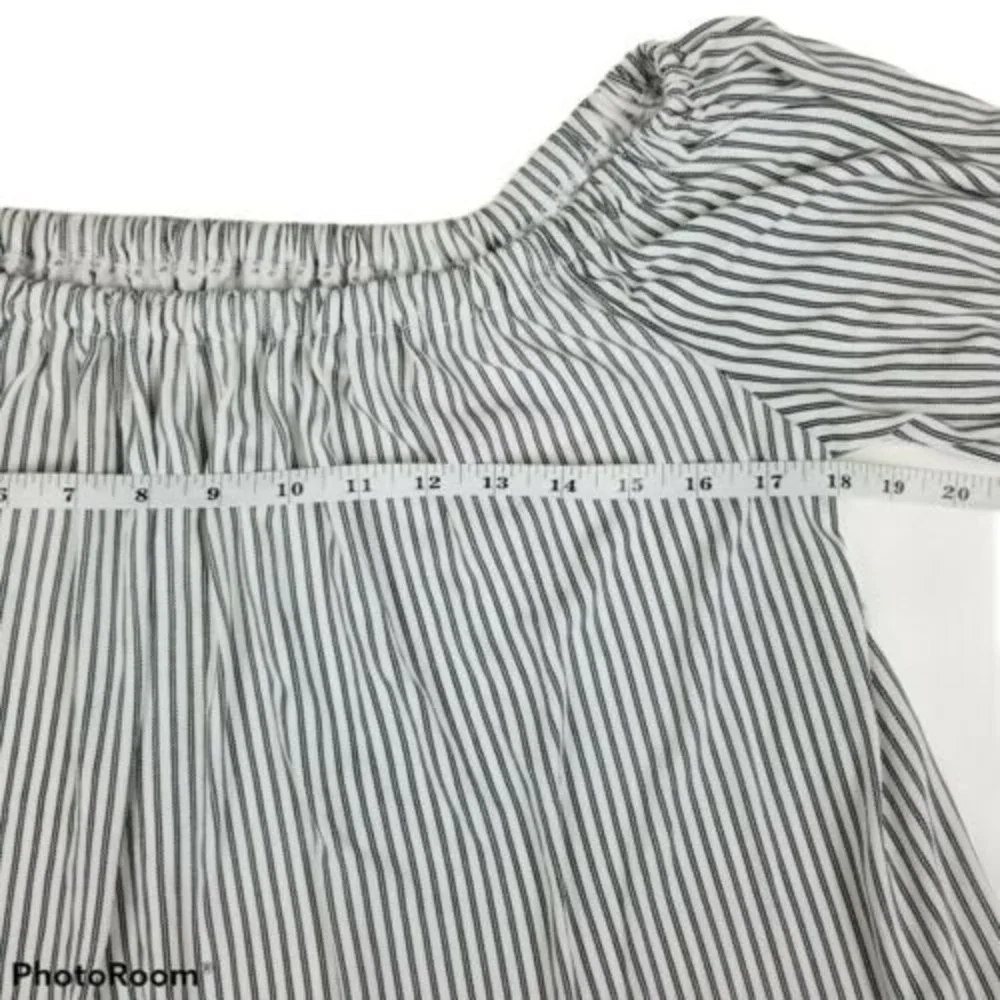 LOFT Blouse Medium Navy Blue Pinstripe Off the Shoulder Puff Sleeve Striped Top